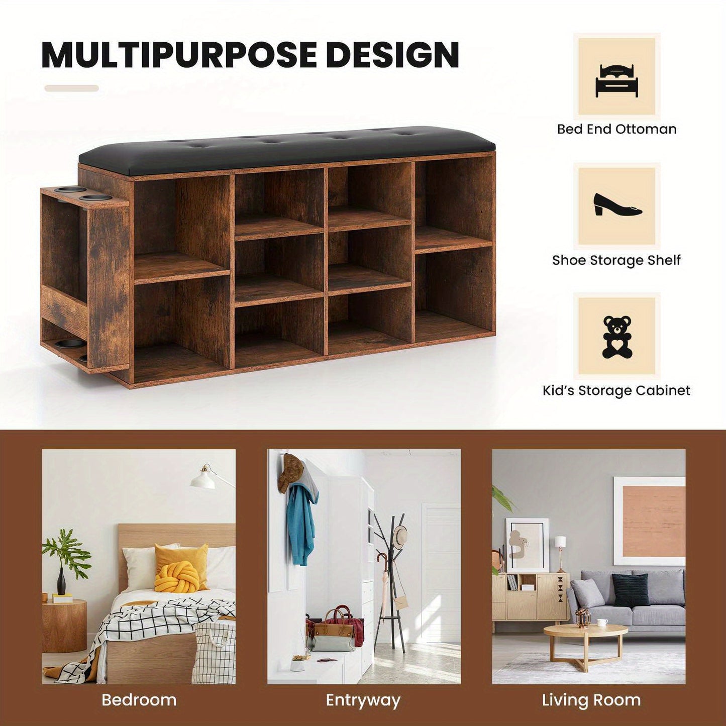 Nutshell cushioned shoe rack bench with multiple storage compartments for versatile use in any room