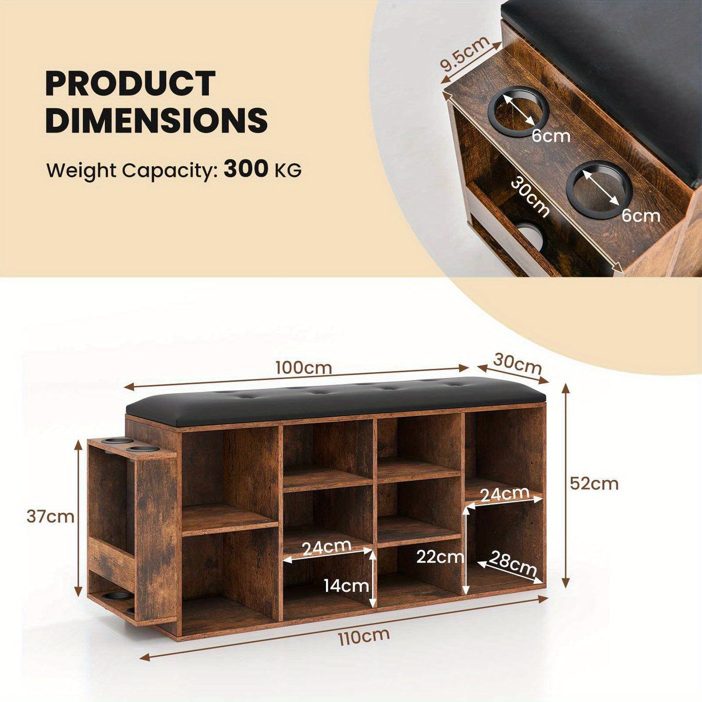 Nutshell cushioned shoe rack bench with multiple storage compartments and a weight capacity of 300 kg