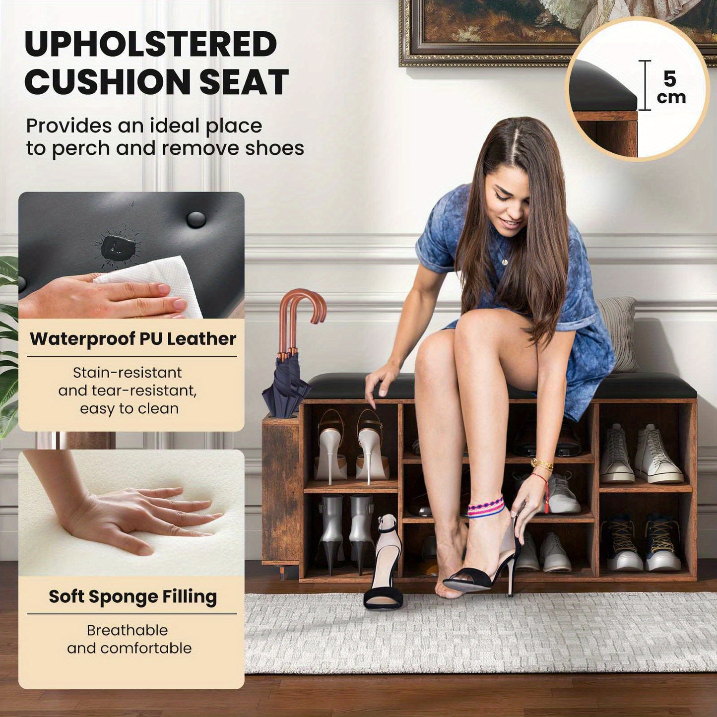 Nutshell cushioned shoe rack bench with upholstered seat for easy shoe storage and comfort