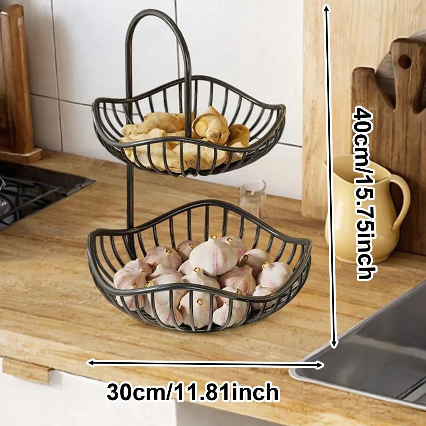 Nutshell two-tier decorative fruit storage rack with black metal wire frame holding ginger and garlic