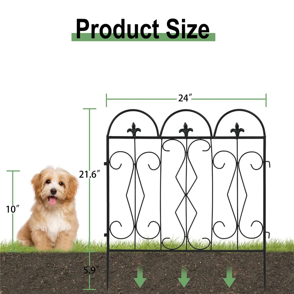 Nutshell black metal decorative garden fence panels with scroll and fleur-de-lis design measuring 24 by 21.6 inches