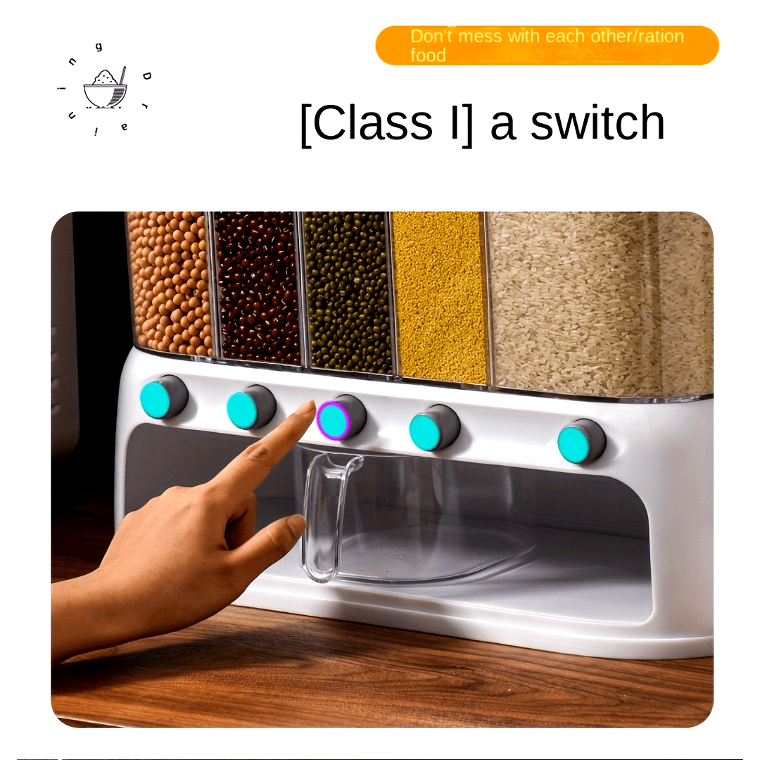 Nutshell dry food dispenser with clear containers and easy-to-use switch for efficient kitchen organization