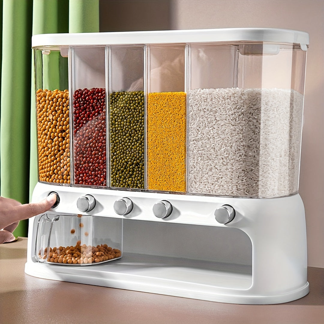 Nutshell dry food dispenser with five transparent containers for organized storage of various grains and cereals