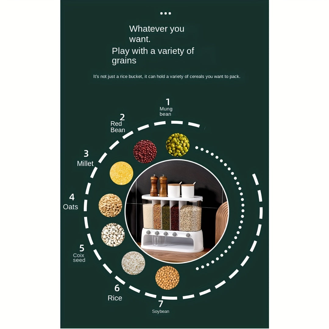 Nutshell dry food dispenser for organizing various grains like rice, oats, and beans in a sleek design