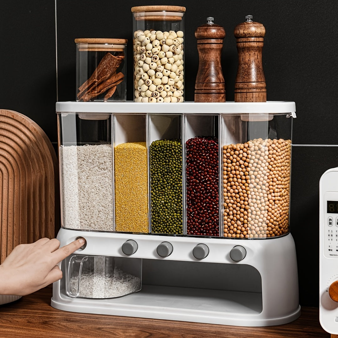 Nutshell dry food dispenser with five compartments for organized storage of grains and snacks