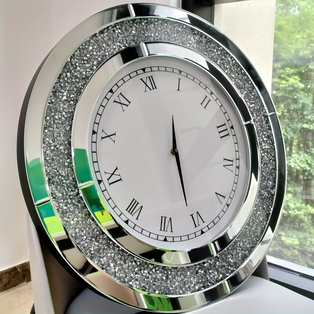 Nutshell elegant glass mirrored wall clock with Roman numerals and sparkling decorative border
