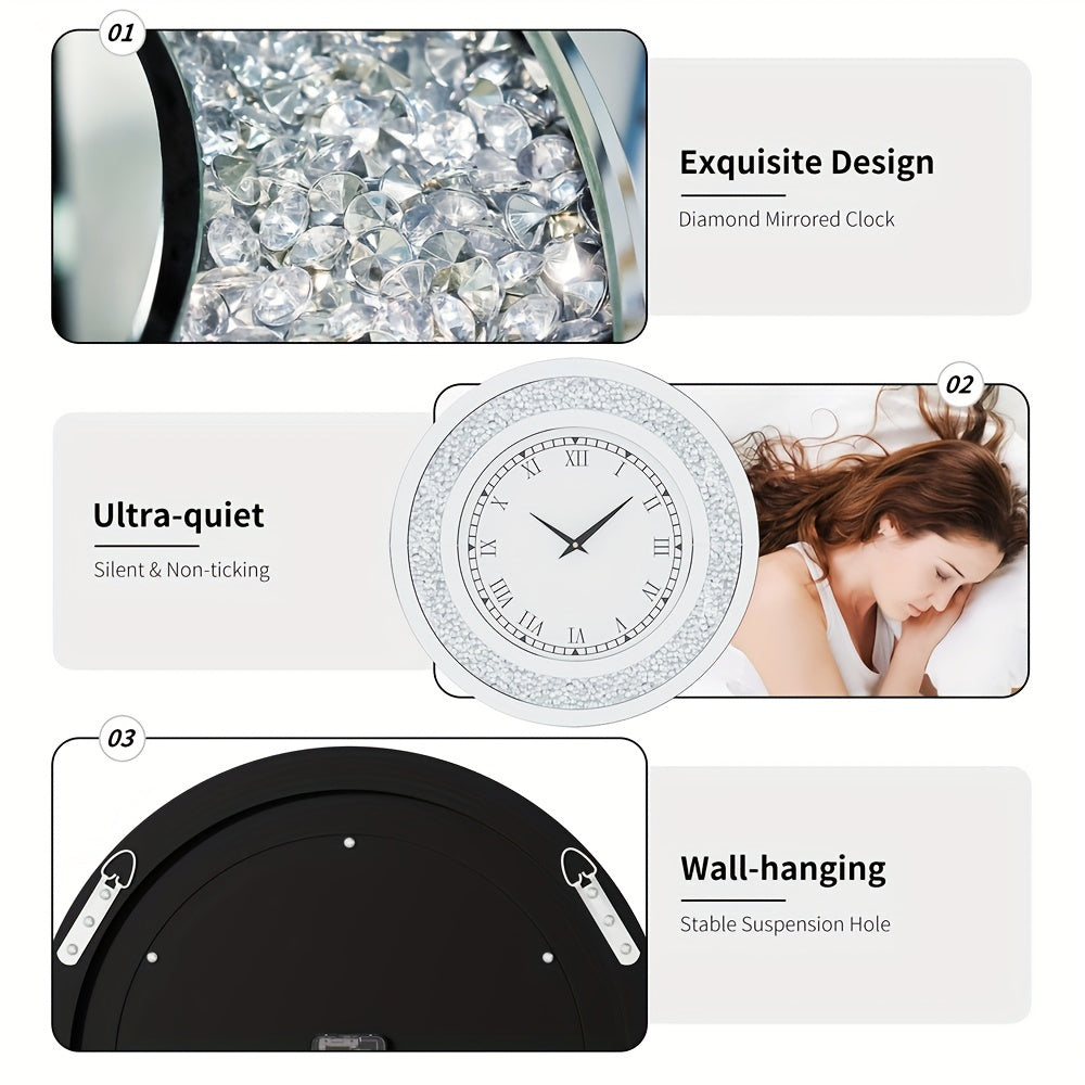 Elegant glass mirrored wall clock by Nutshell with diamond design and silent non-ticking feature