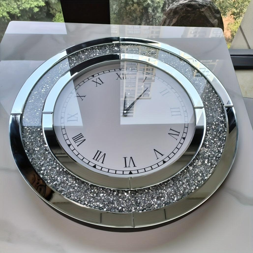 Nutshell elegant glass mirrored wall clock with Roman numerals and decorative crystal accents