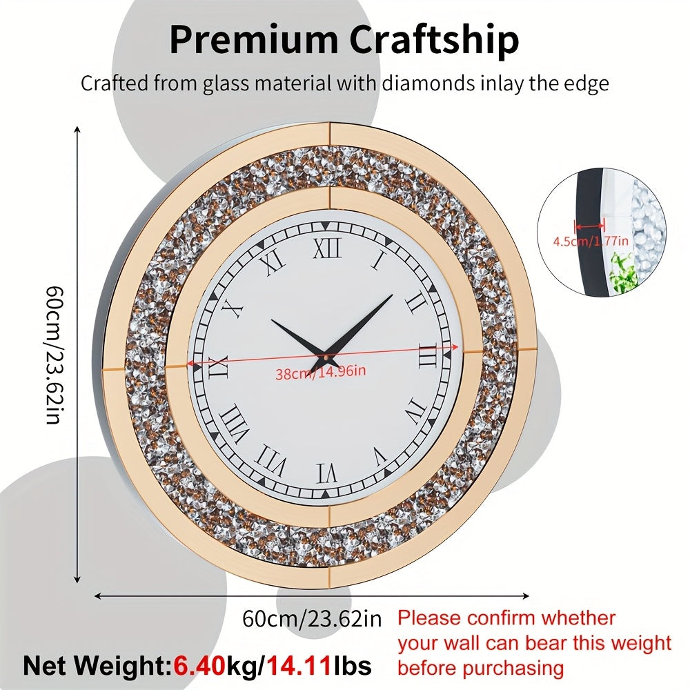 Elegant glass mirrored wall clock by Nutshell with diamonds inlay and Roman numerals, 60cm diameter