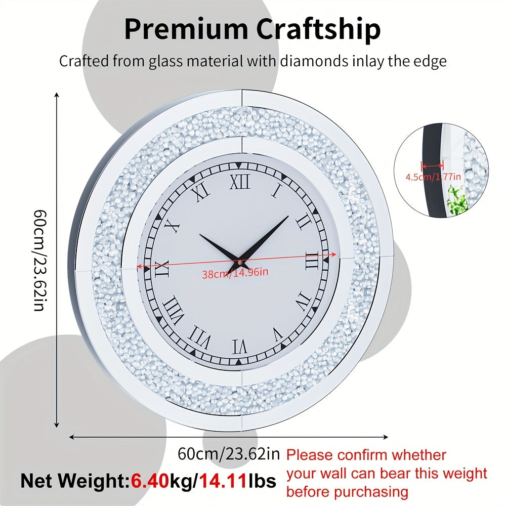 Nutshell elegant glass mirrored wall clock with diamond inlay edge and Roman numerals
