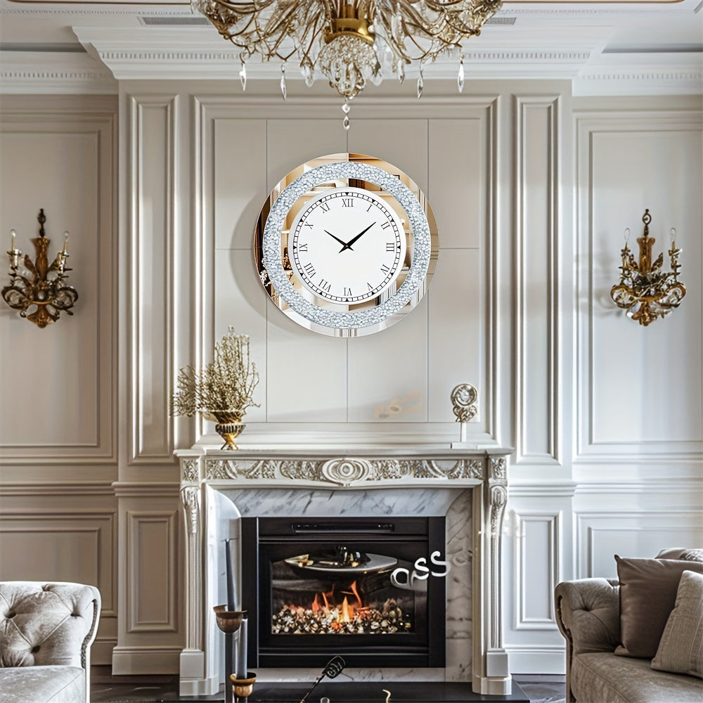 Elegant glass mirrored wall clock by Nutshell mounted above a white marble fireplace in a classic living room