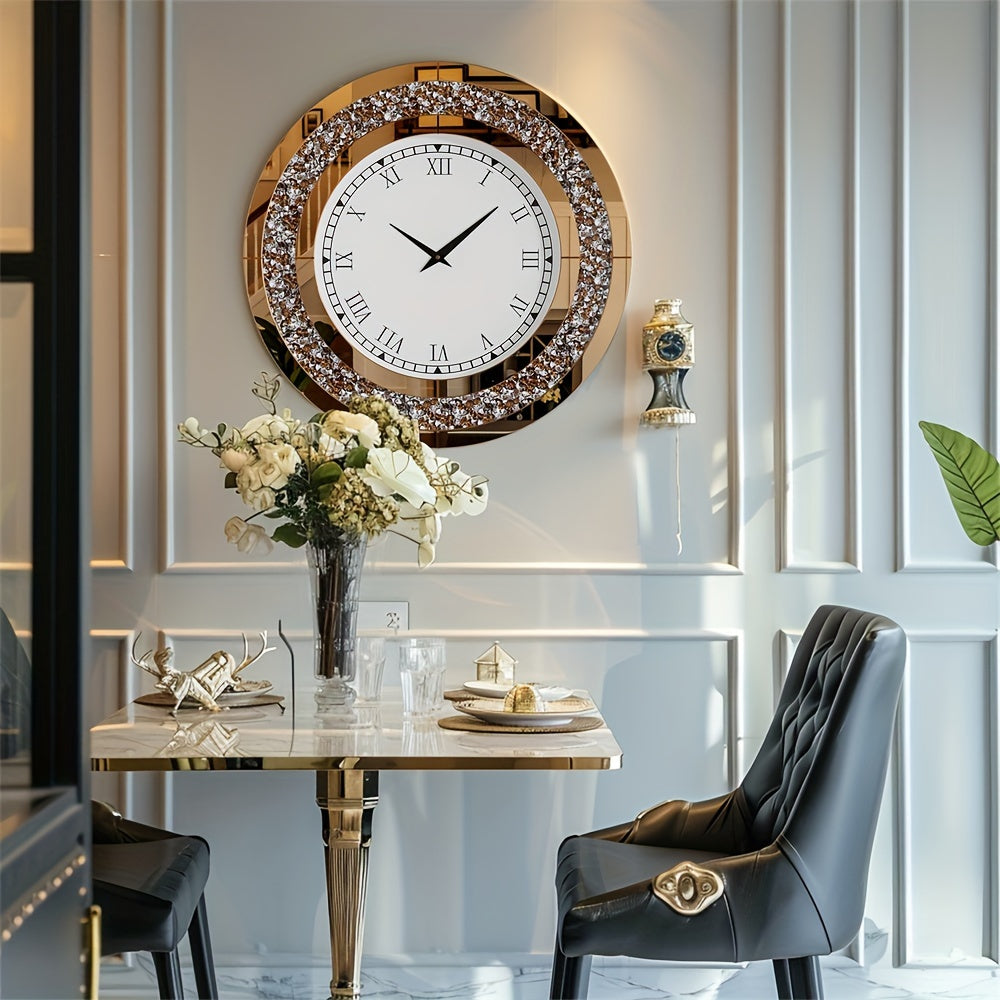 Nutshell elegant glass mirrored wall clock with Roman numerals mounted on white wall above dining table