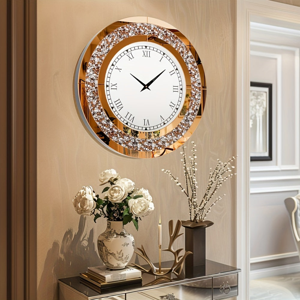 Nutshell elegant glass mirrored wall clock with Roman numerals hanging above decorated console table