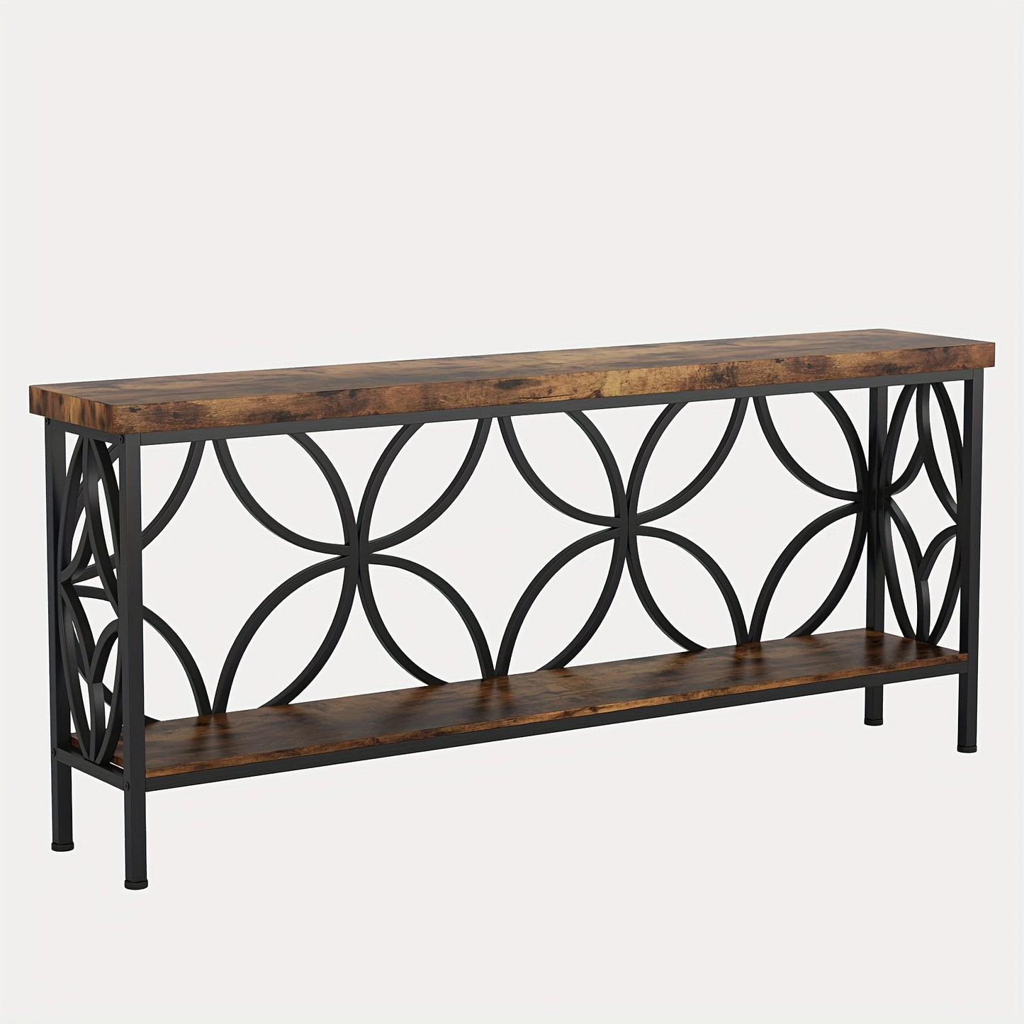 Nutshell entryway table with storage featuring rustic wood top and bottom shelf with black metal circular frame