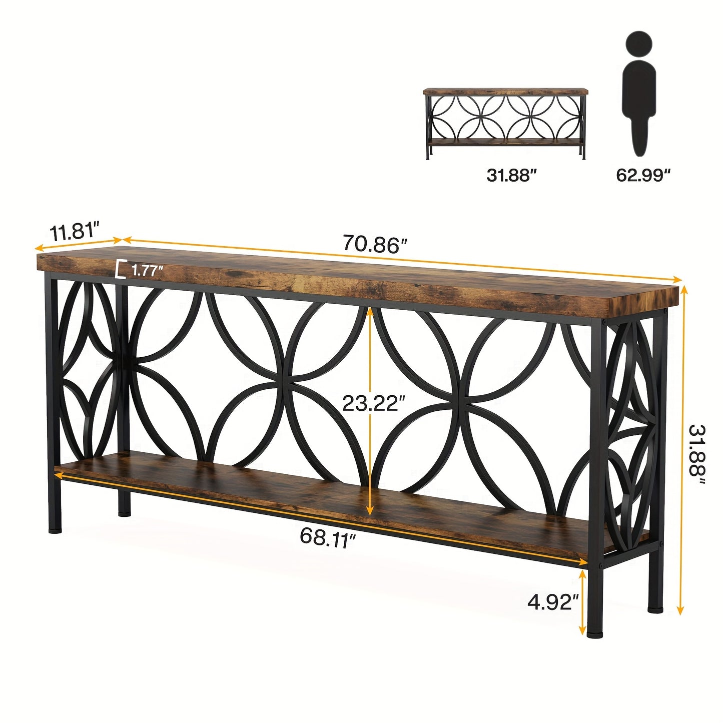 Nutshell entryway table with storage featuring wooden top and bottom shelf with decorative black metal frame