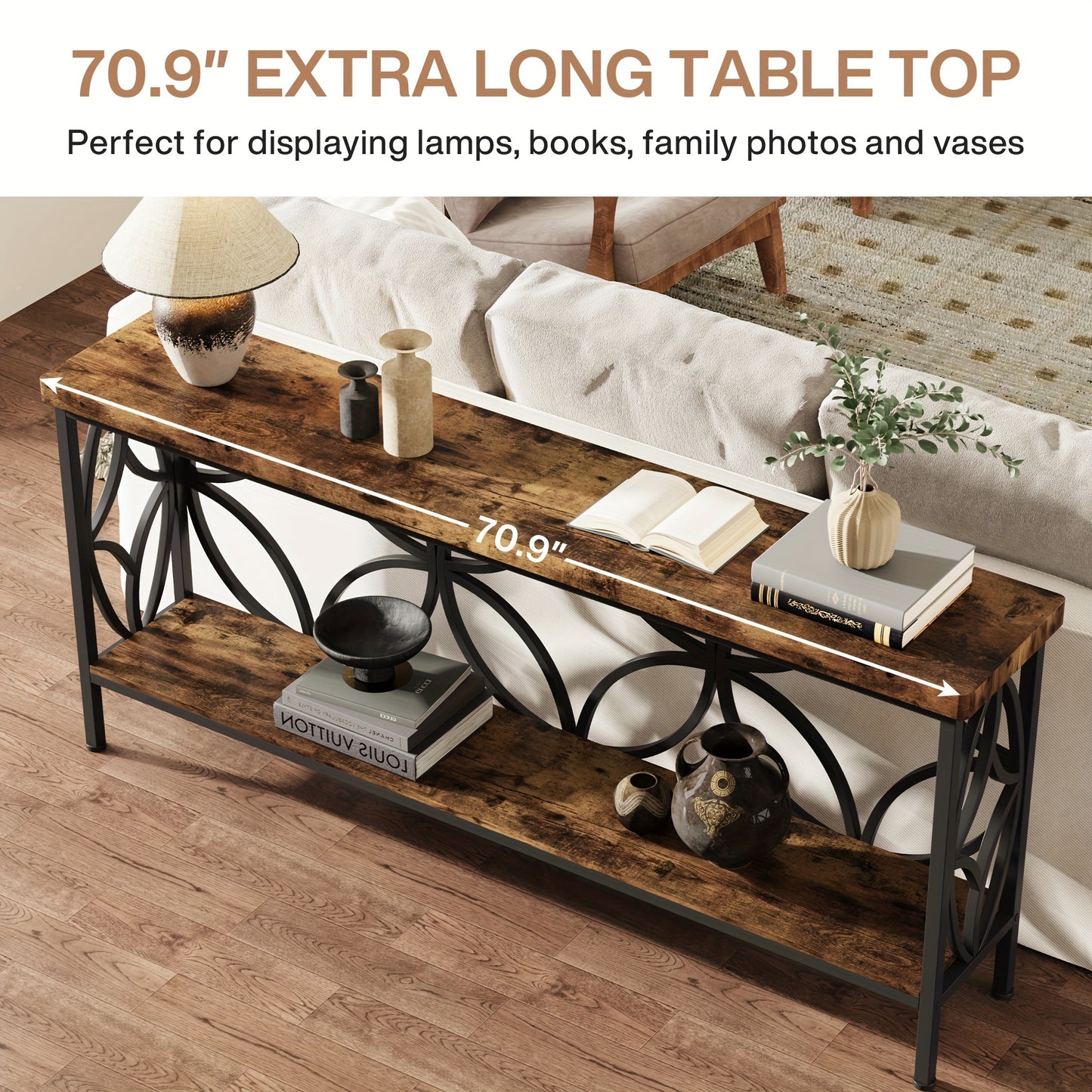 Nutshell entryway table with storage featuring a 70.9 inch extra long wood top and black metal frame