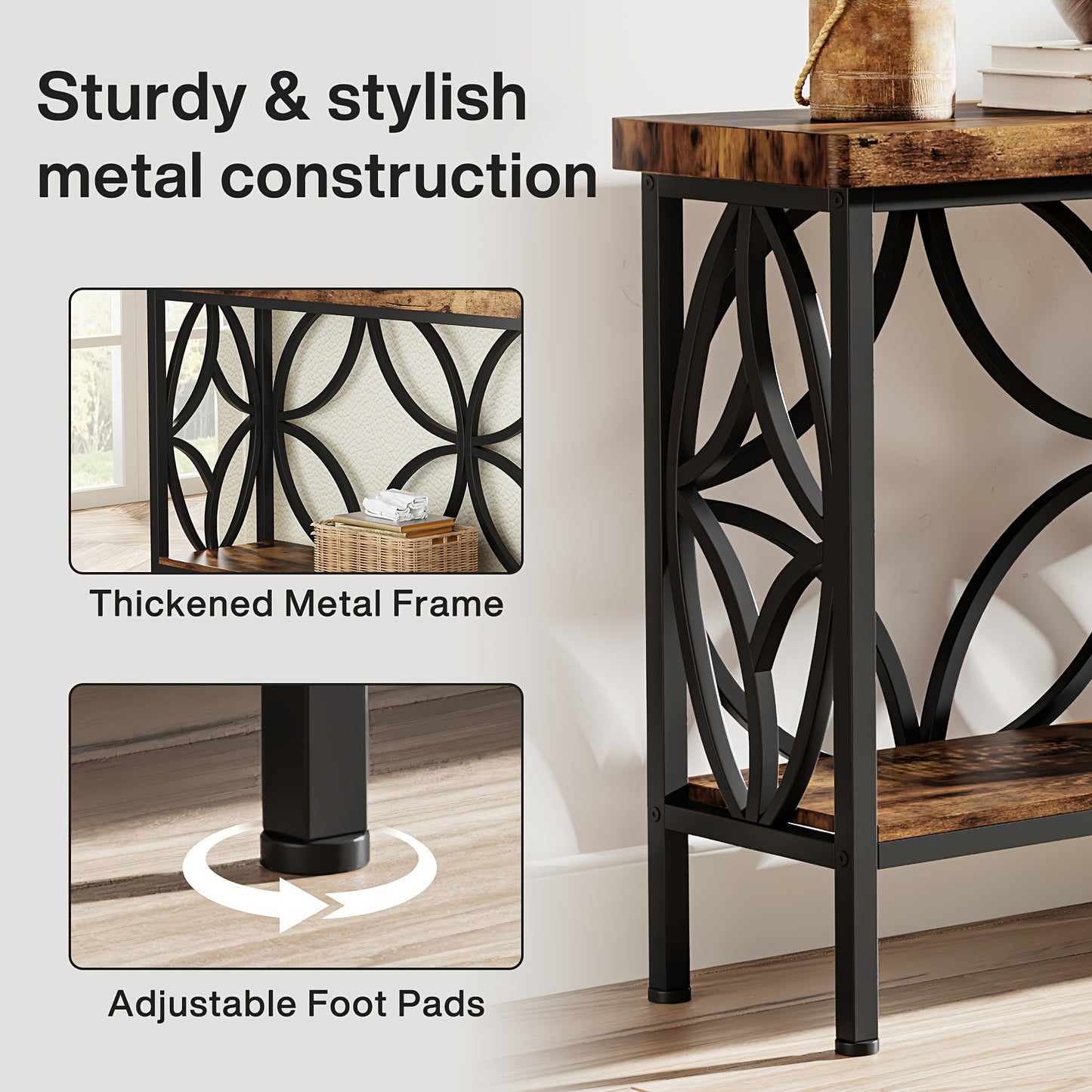 Nutshell entryway table with storage featuring sturdy metal frame and adjustable foot pads