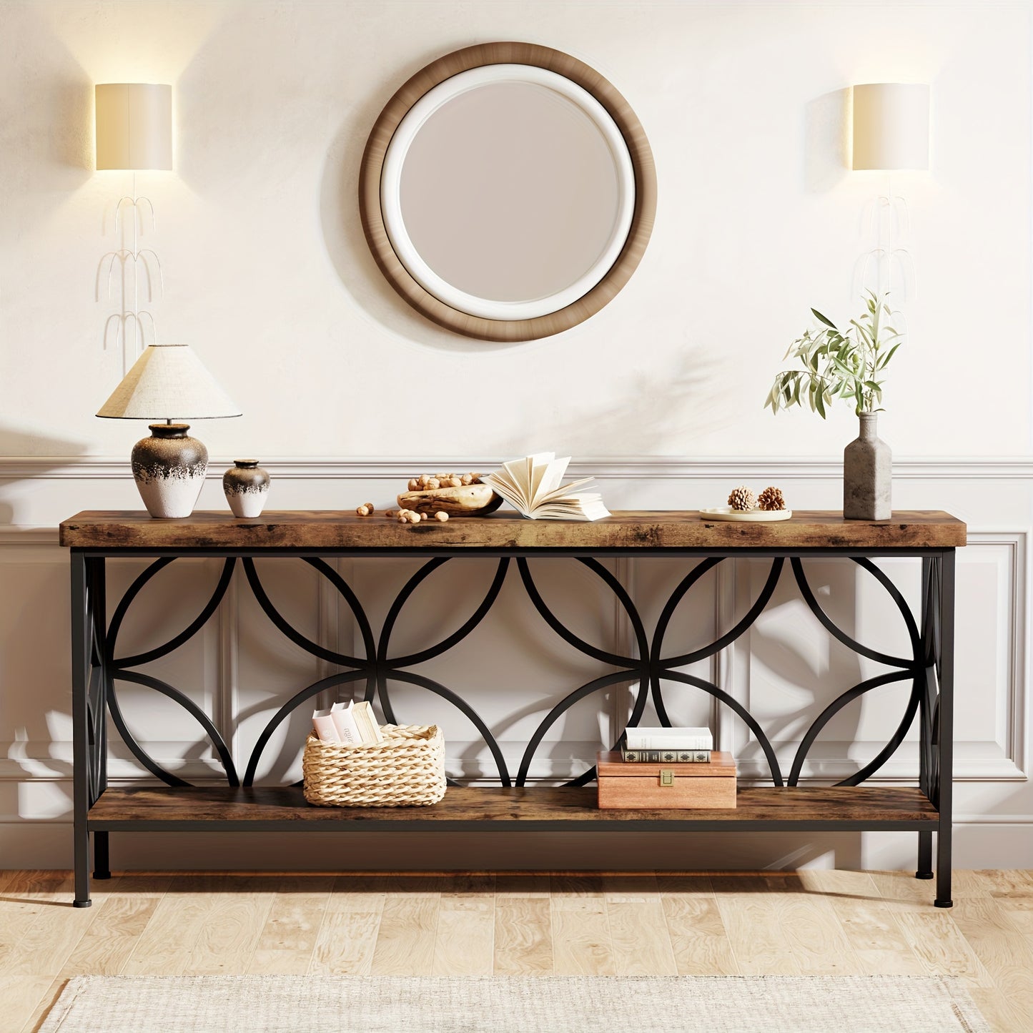 Nutshell entryway table with storage featuring rustic wood top and decorative black metal frame