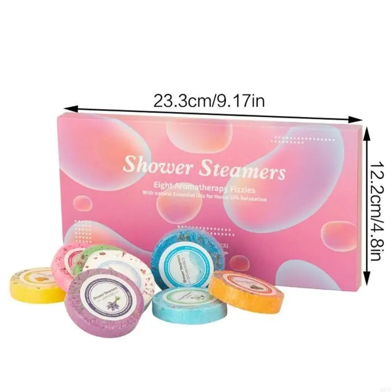 Nutshell essential oils shower steamers with colorful aromatherapy fizzies in pink packaging