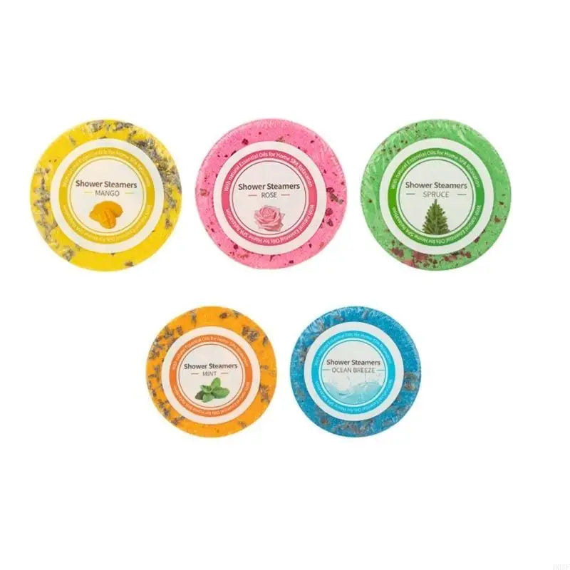 Nutshell essential oils shower steamers in mango, rose, spruce, mint, and ocean breeze scents