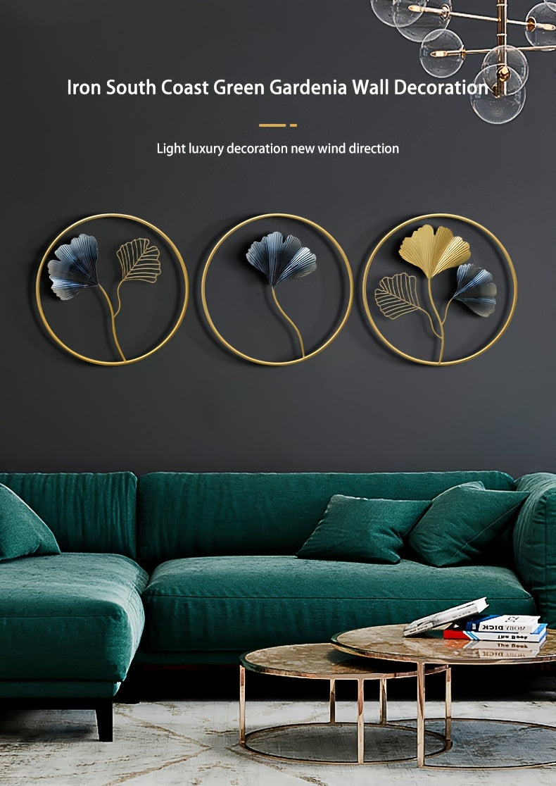 European style wall art featuring three round iron gardenia designs in blue and gold for elegant home decor