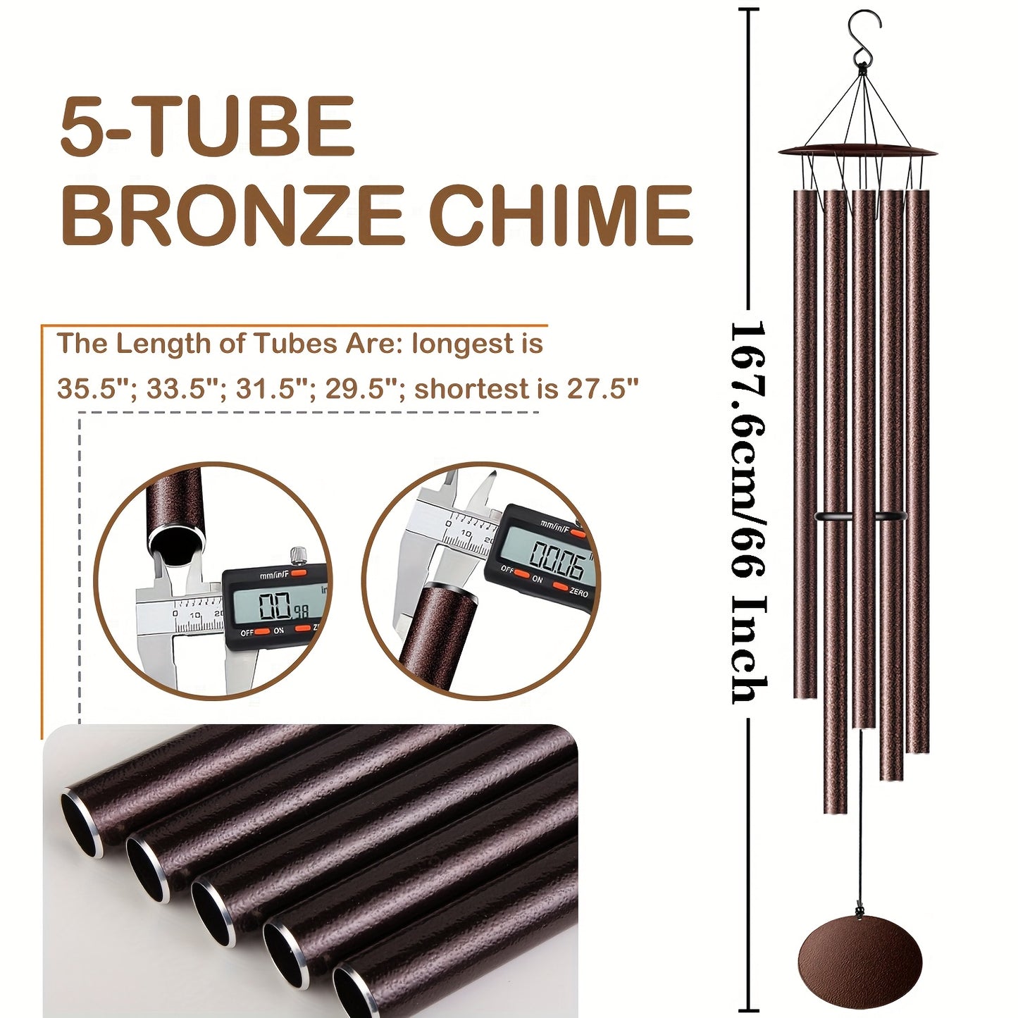 Nutshell extra large aluminium chimes outdoor with five bronze tubes, measuring 66 inches tall