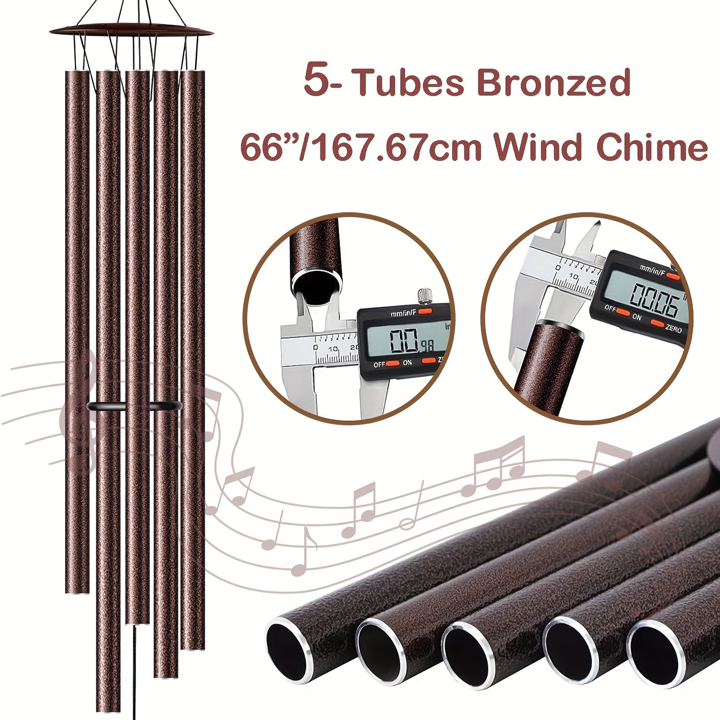 Extra large aluminium chimes outdoor featuring 5 bronzed tubes, 66 inches in length for beautiful sound.