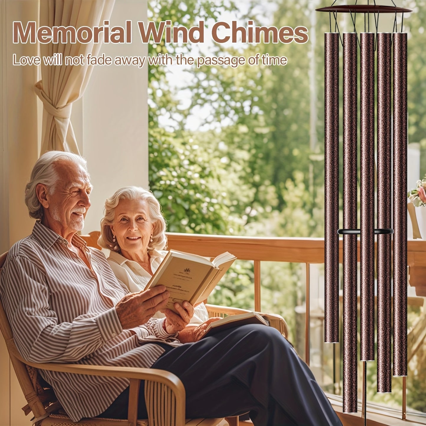 Nutshell extra large aluminium chimes outdoor hanging in a sunlit space with people enjoying a peaceful moment