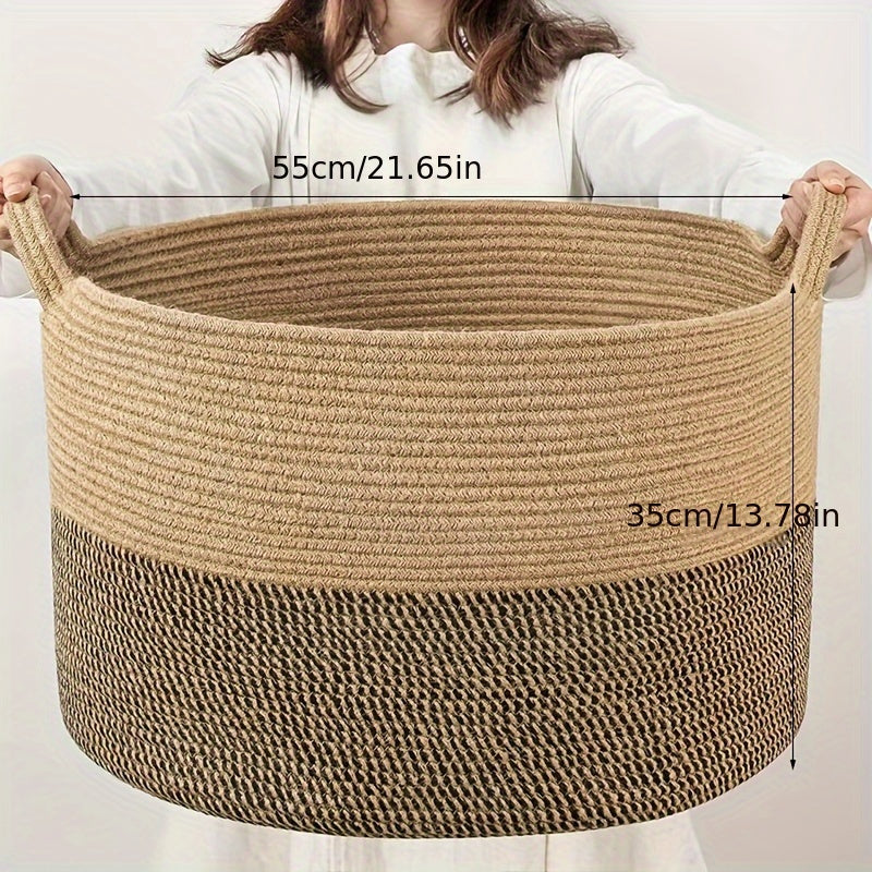 Extra Large Bohemian Style Rope Storage Basket with Handles in Natural Beige and Black for Home Organization