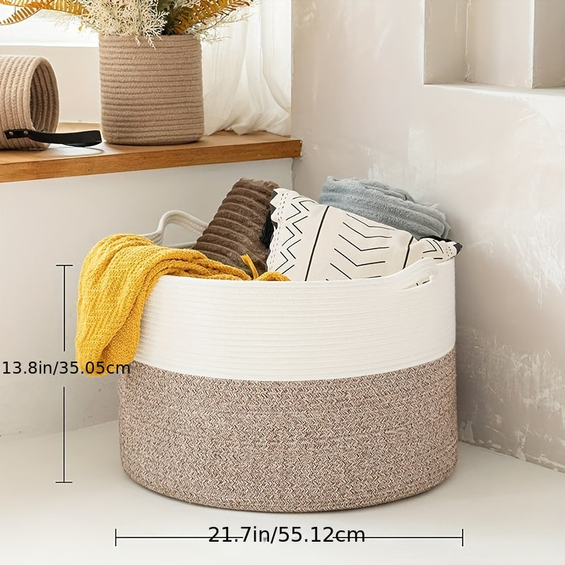 Extra Large Bohemian Style Rope Storage Basket with Handles in Natural and Beige for Home Organization