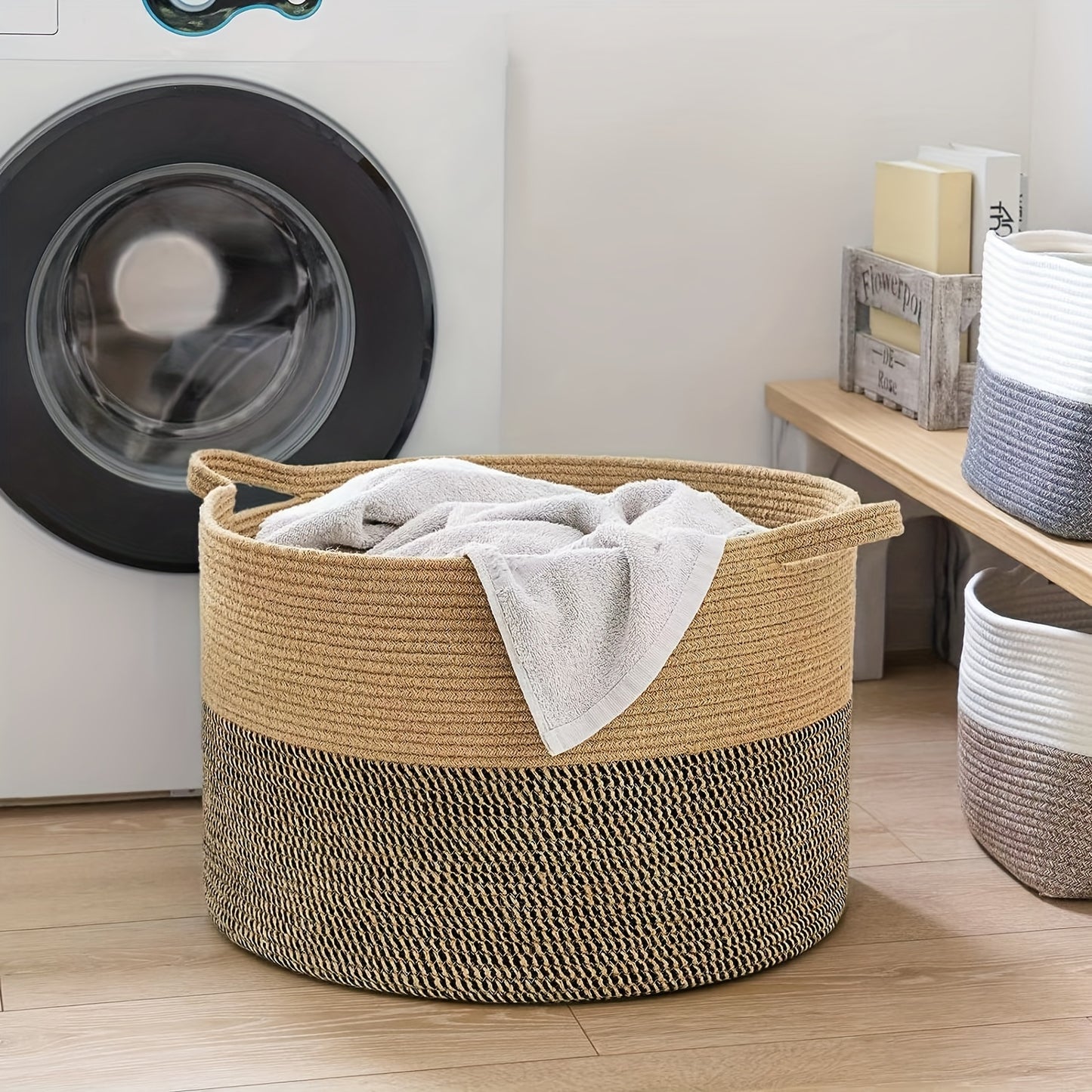 Extra Large Bohemian Style Rope Storage Basket with Handles for organizing laundry and home decor