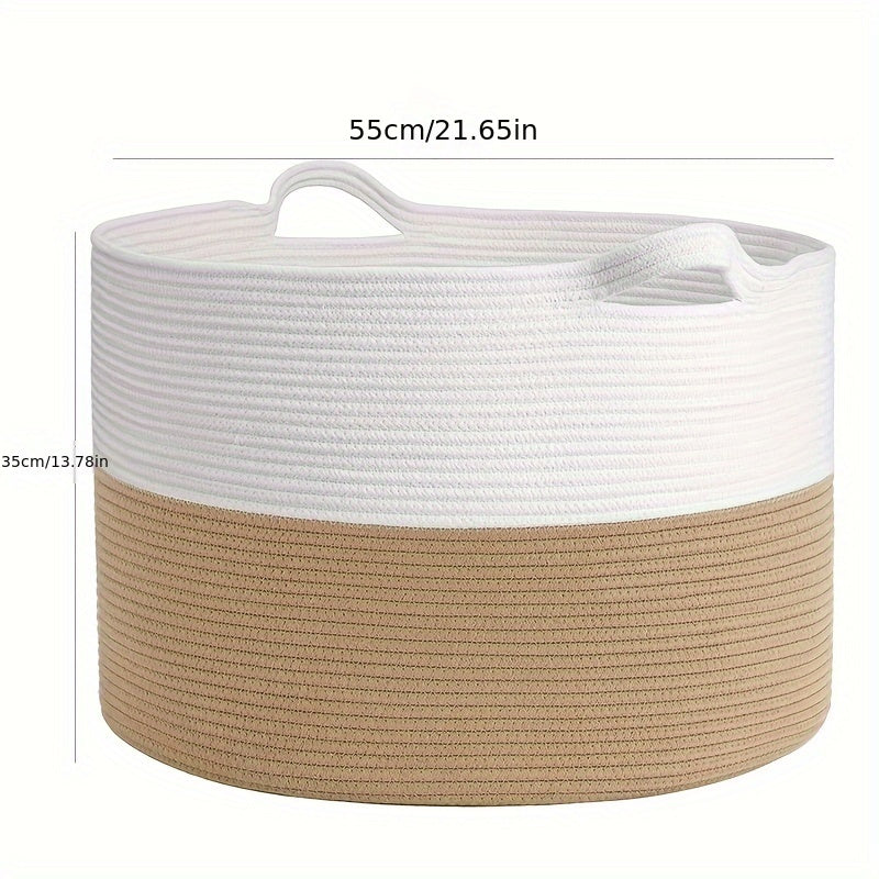 Extra Large Bohemian Style Rope Storage Basket with Handles in beige and white, perfect for organization