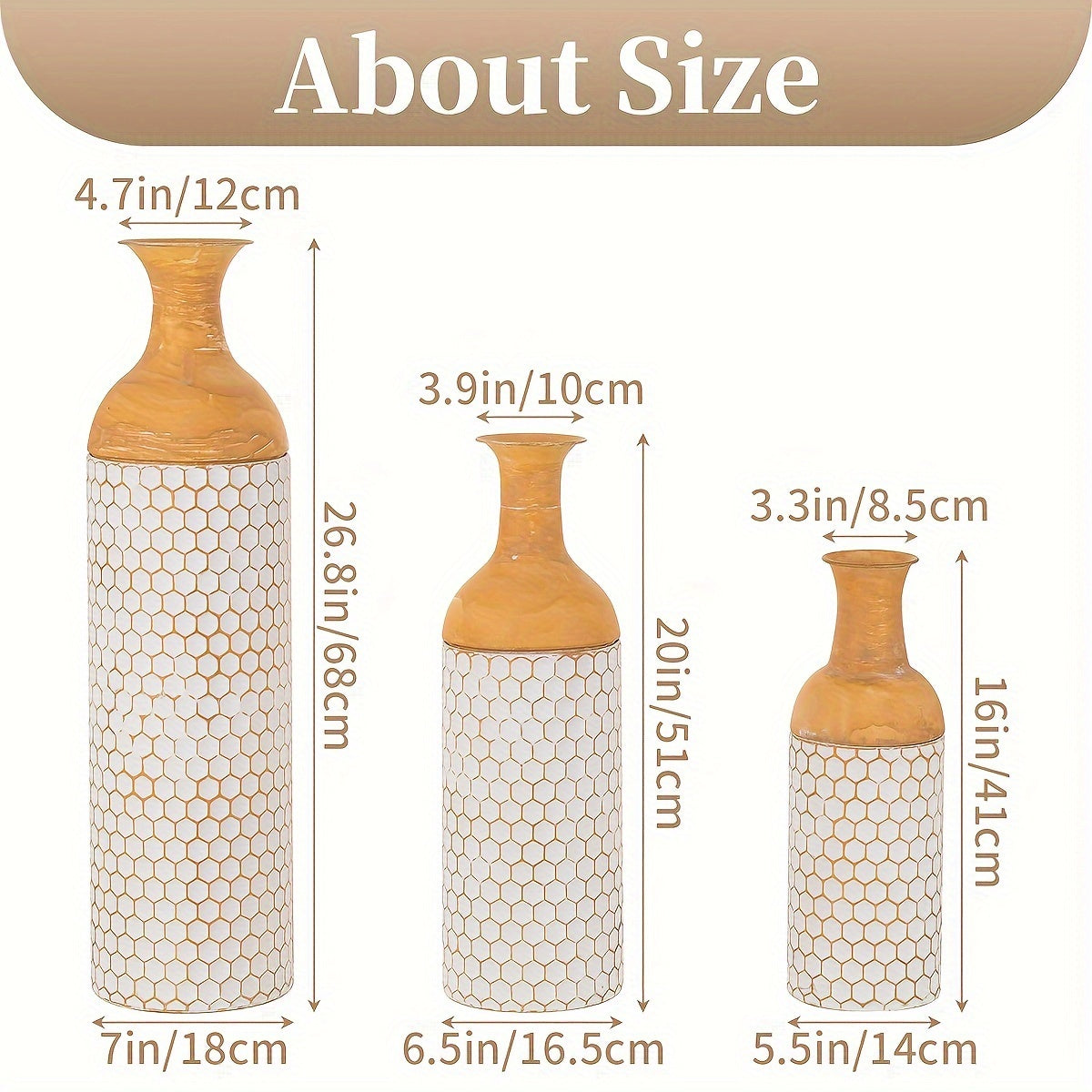 Three extra large metal floor vases with a stylish design and varying heights and widths
