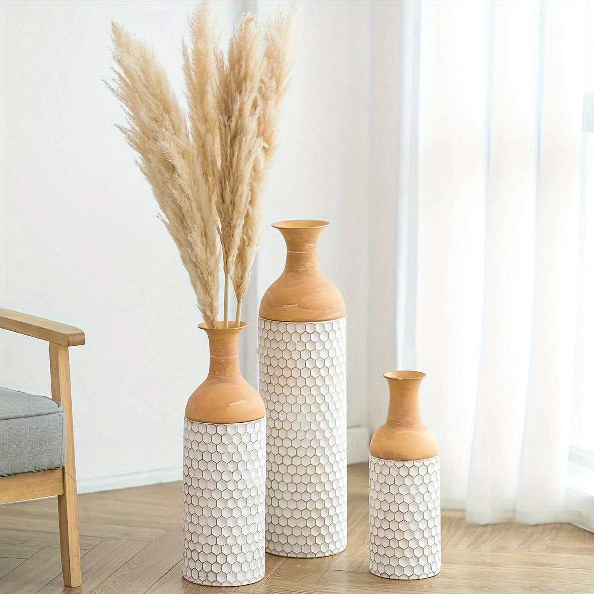 Extra large metal floor vases with wooden tops and decorative honeycomb texture for elegant home decor