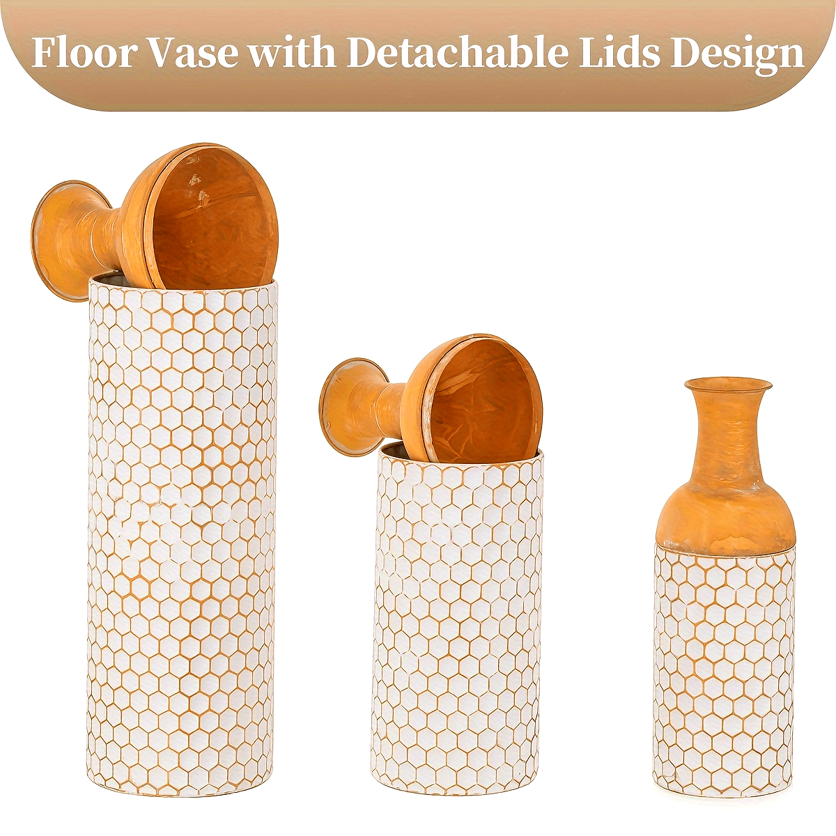 Nutshell extra large metal floor vases with detachable lids in stylish honeycomb design