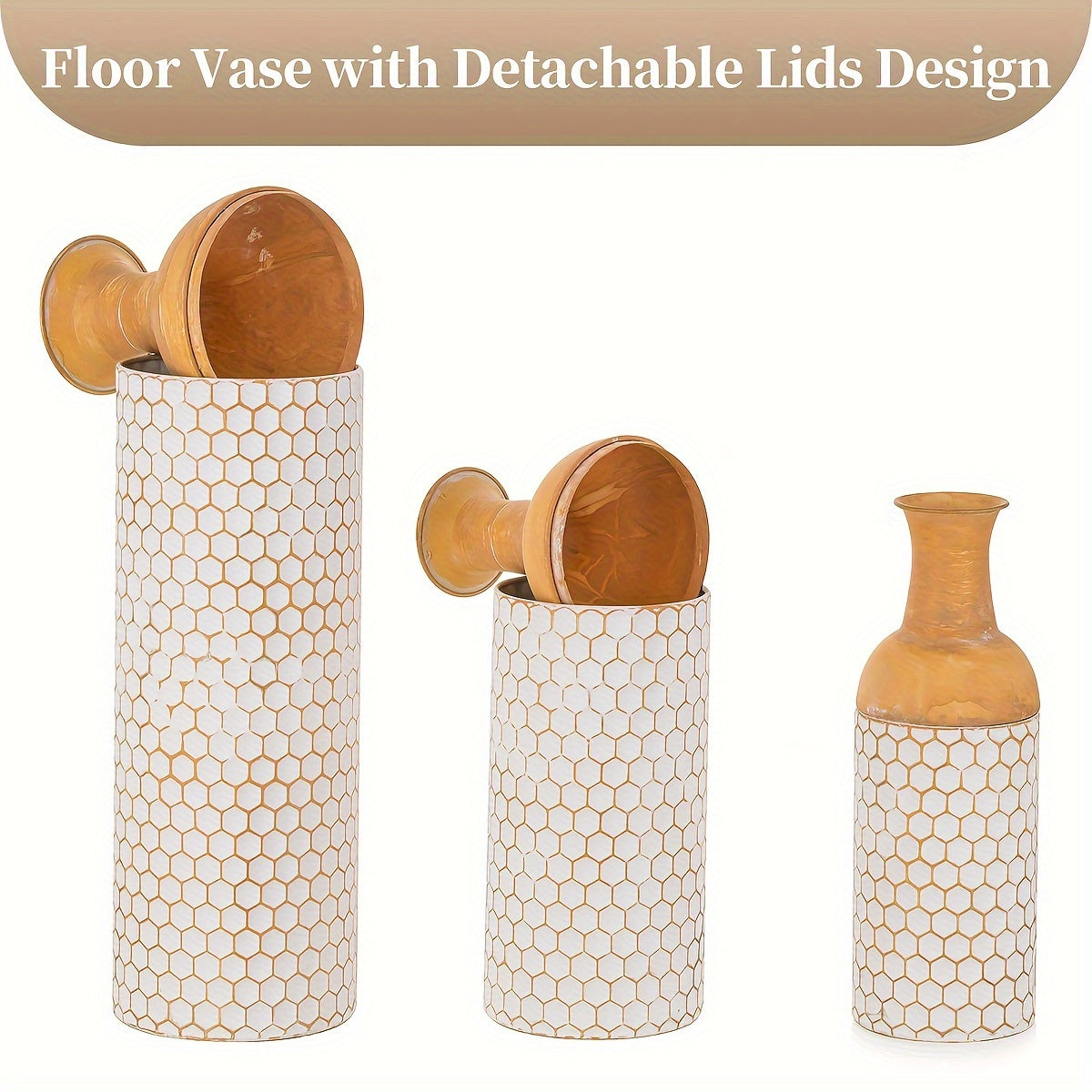 Extra large metal floor vases in a modern honeycomb design with detachable lids