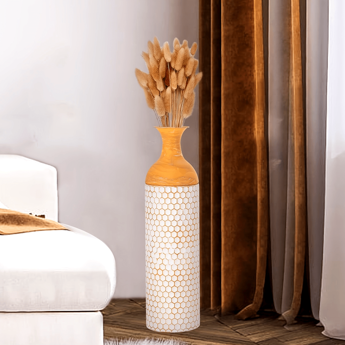 Stylish extra large metal floor vases with a honeycomb design and decorative dried plants
