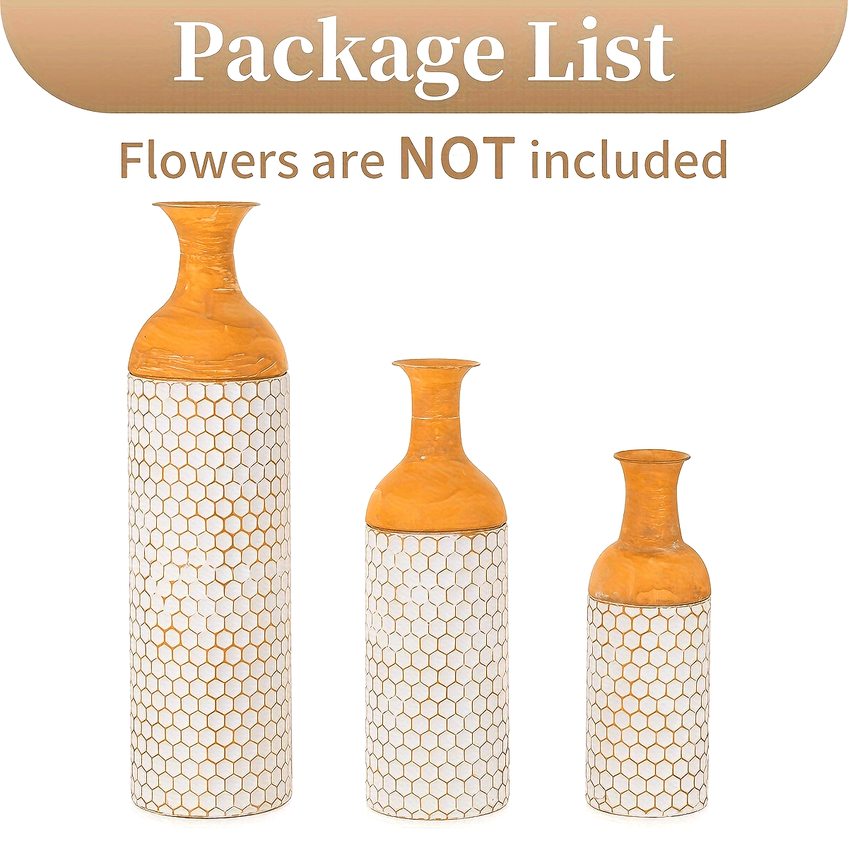 Set of three extra large metal floor vases with honeycomb designs and wooden accents