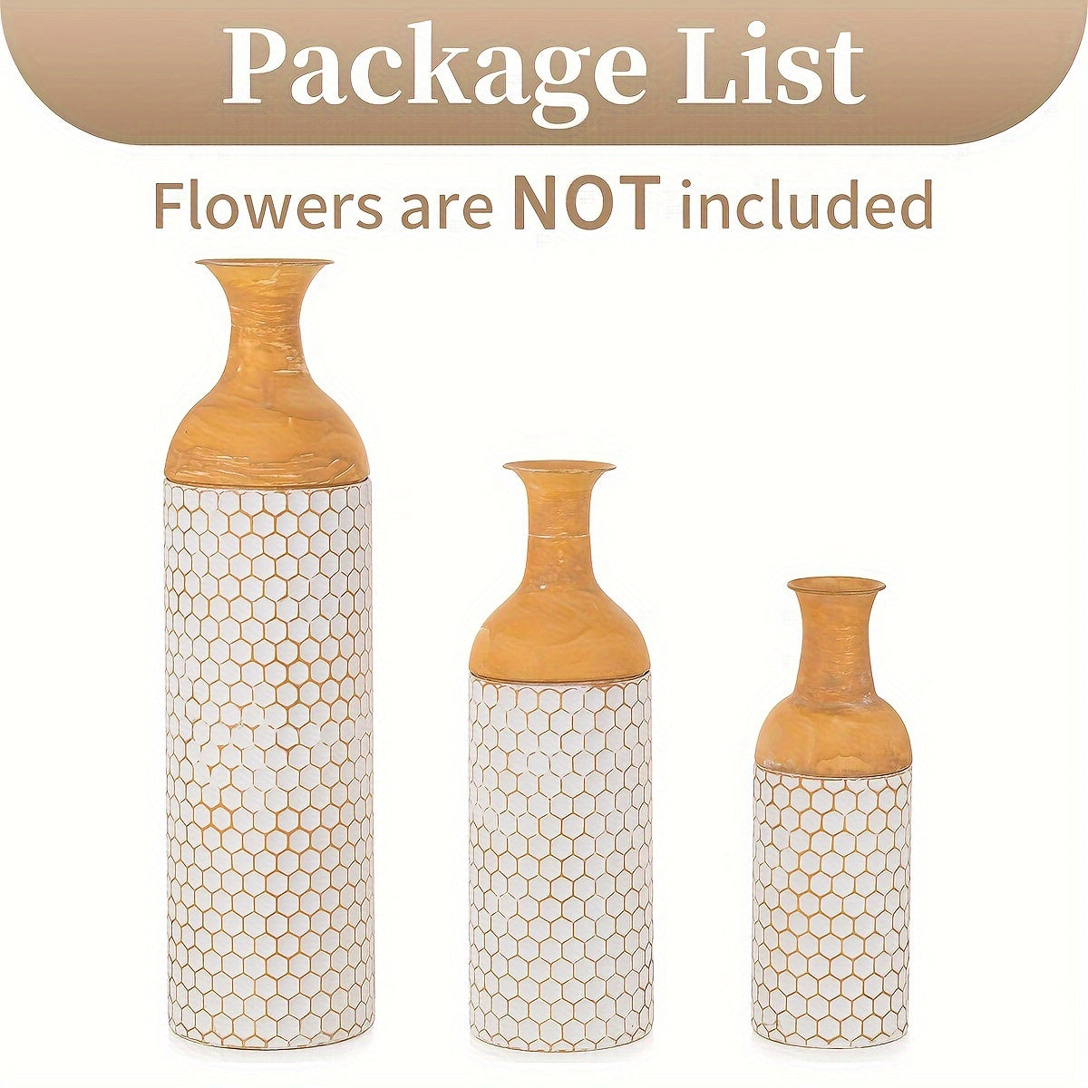 Set of three nutshel extra large metal floor vases with hexagonal pattern and natural wood tops