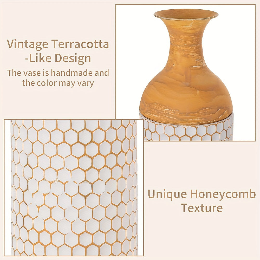 Extra large metal floor vases with vintage terracotta-like design and unique honeycomb texture