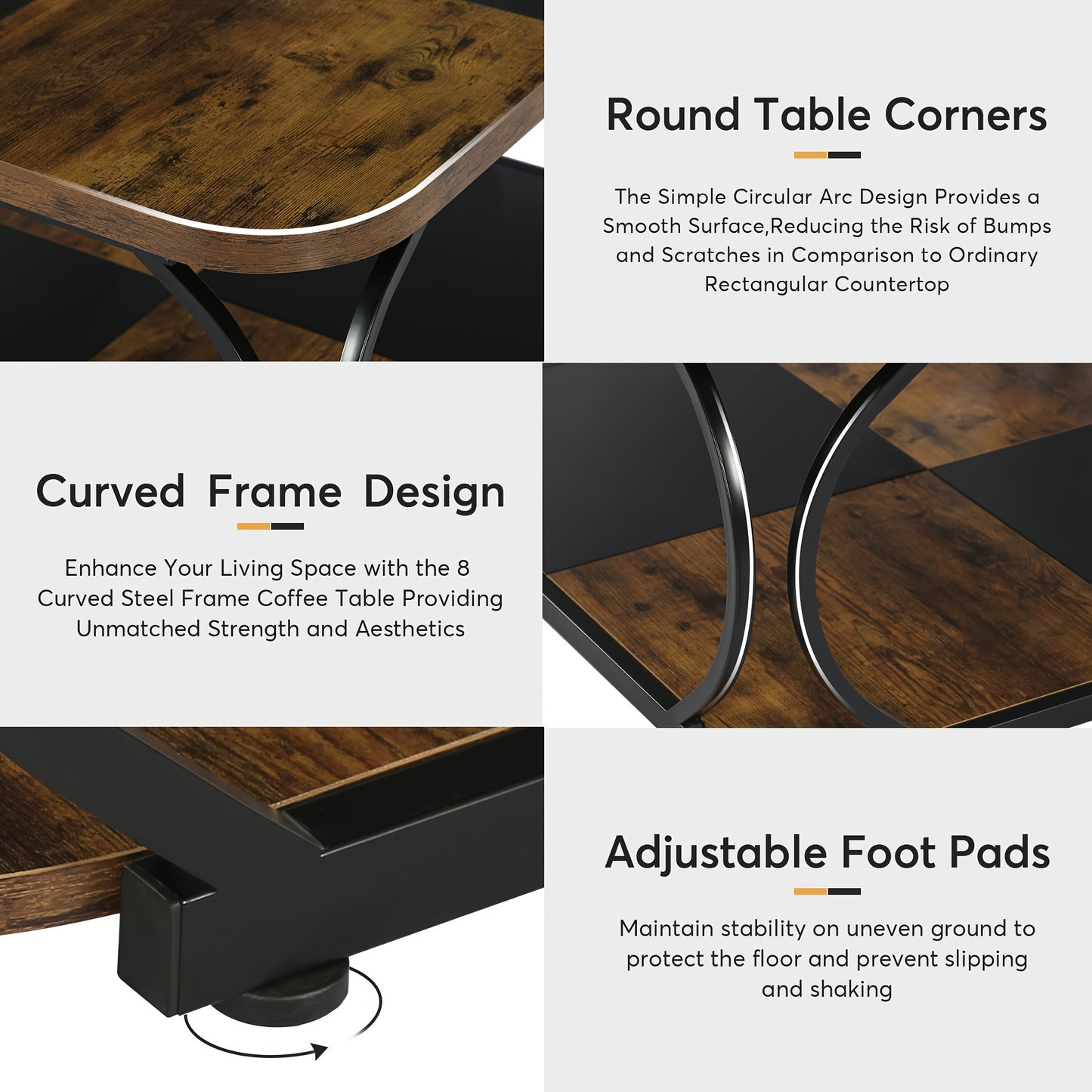 Nutshell 2 Tier square coffee table with round corners curved steel frame and adjustable foot pads