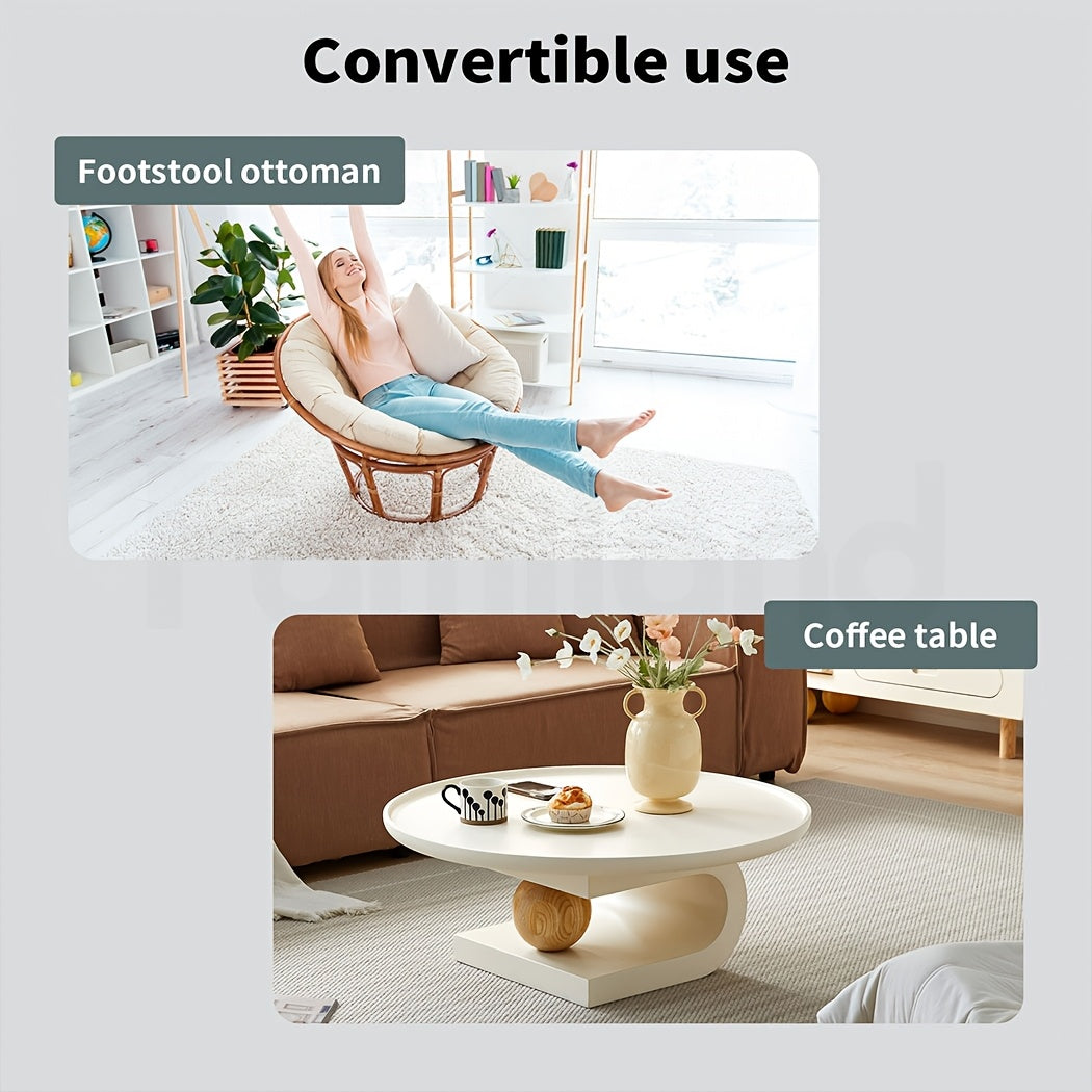 Convertible tufted linen footstool serves as a footstool ottoman and coffee table for versatile living spaces