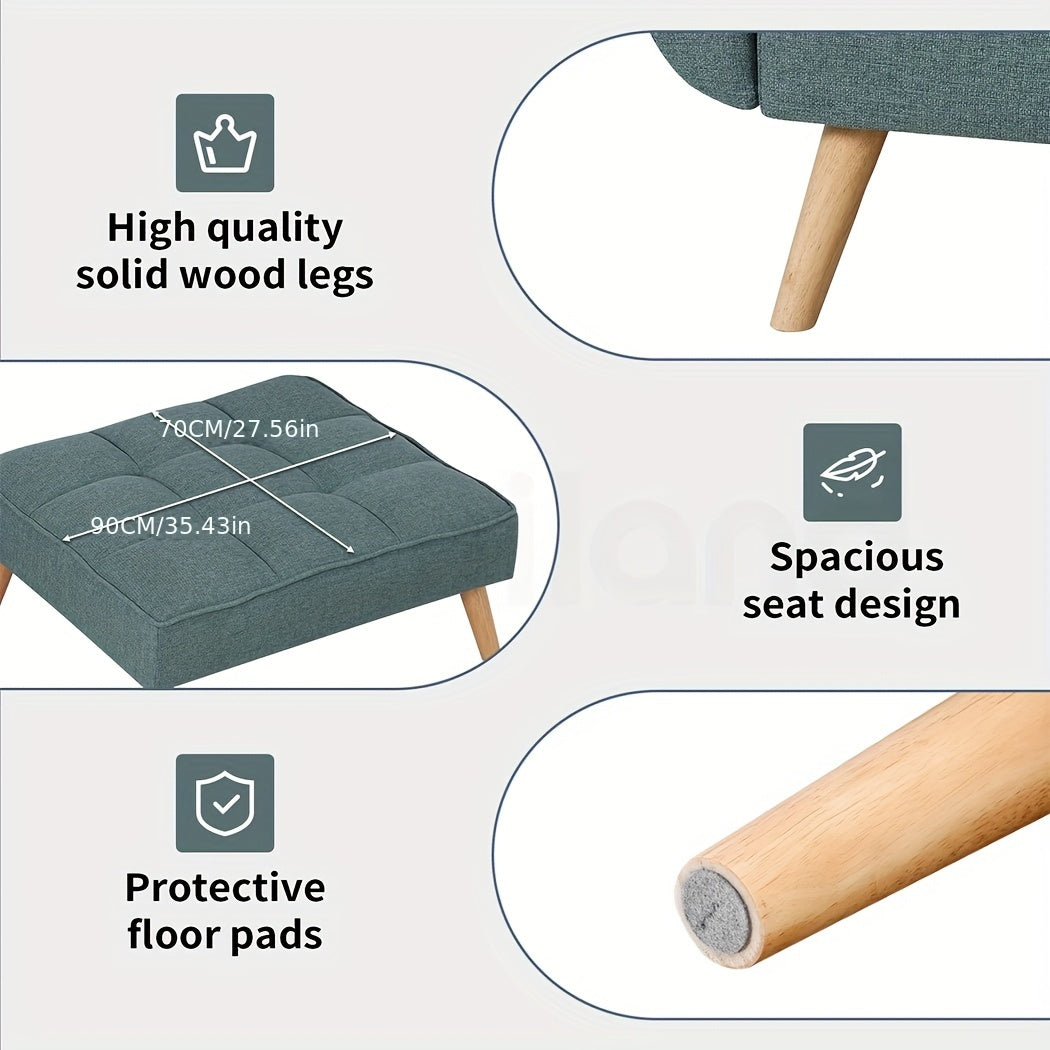 Nutshell tufted linen footstool with solid wood legs and protective floor pads for added comfort