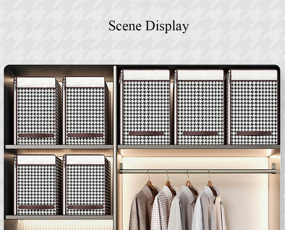 Nutshell thickened closet storage solution with patterned fabric storage bins neatly arranged on shelves