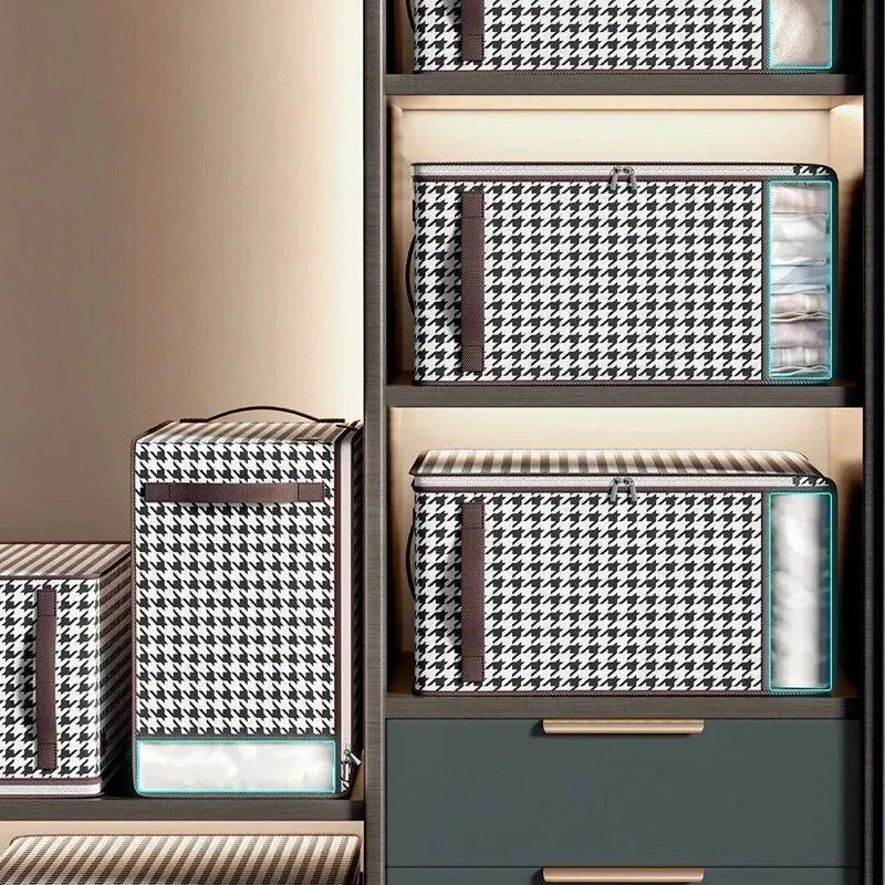 Nutshell houndstooth fabric storage boxes with zippered clear window stackable thickened closet storage solution for home