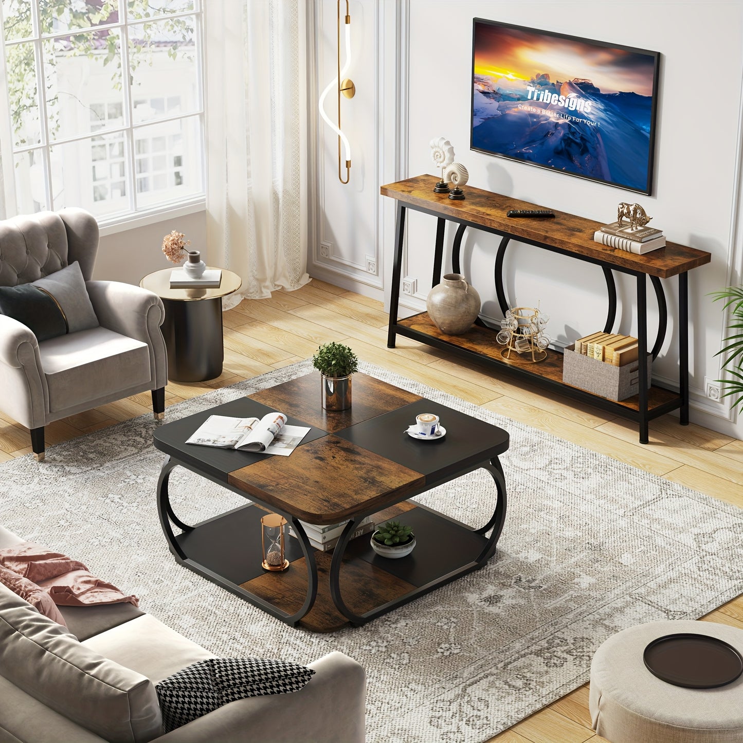 Nutshell 2 tier square coffee table with wooden top and black metal frame in modern living room