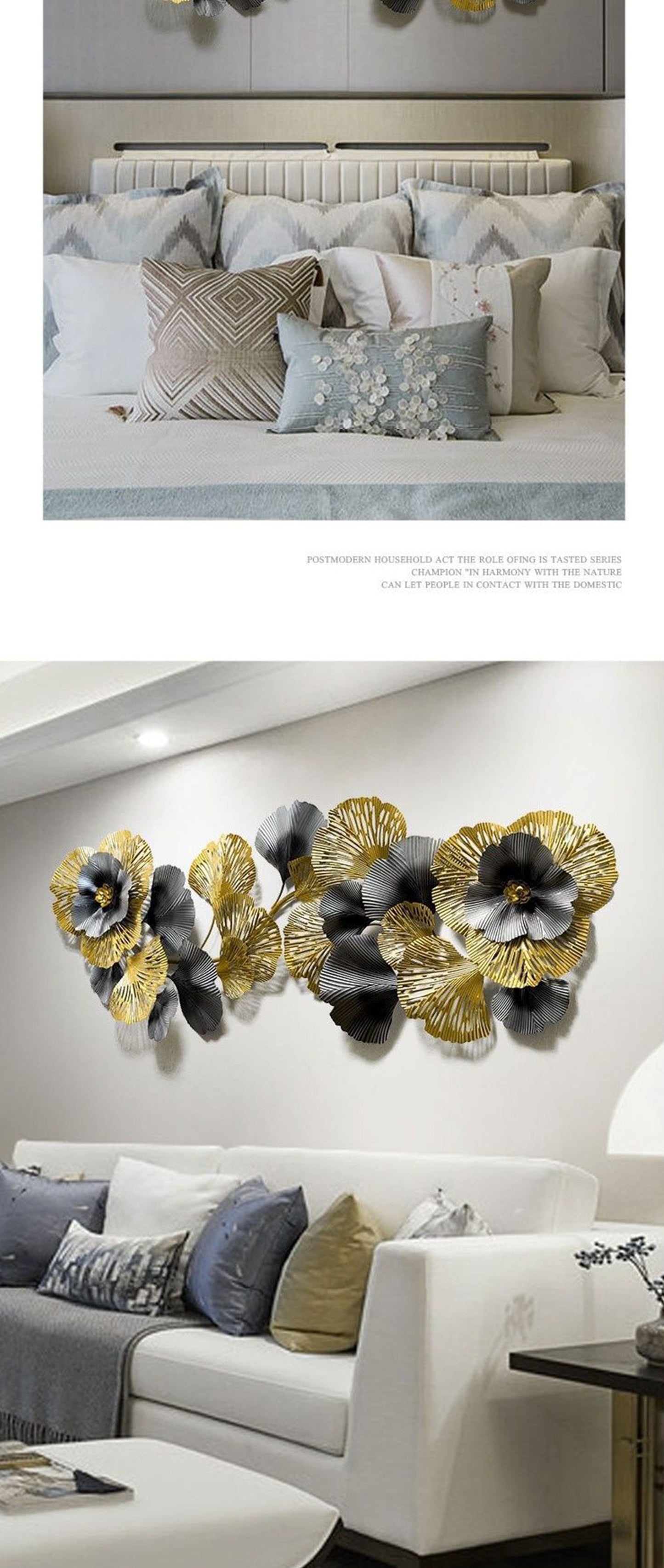 Elegant 3D floral metal wall art featuring gold and black flowers, perfect for modern home decor