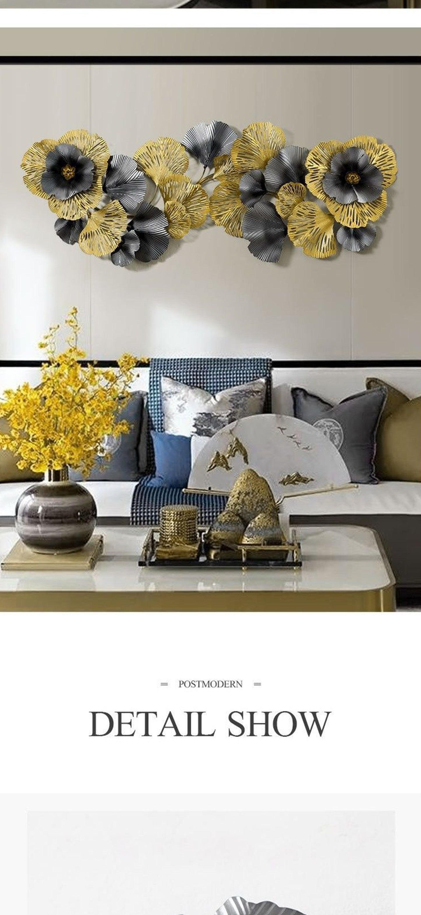 Nutshell 3D floral metal wall art in gray and gold, perfect for modern home decor