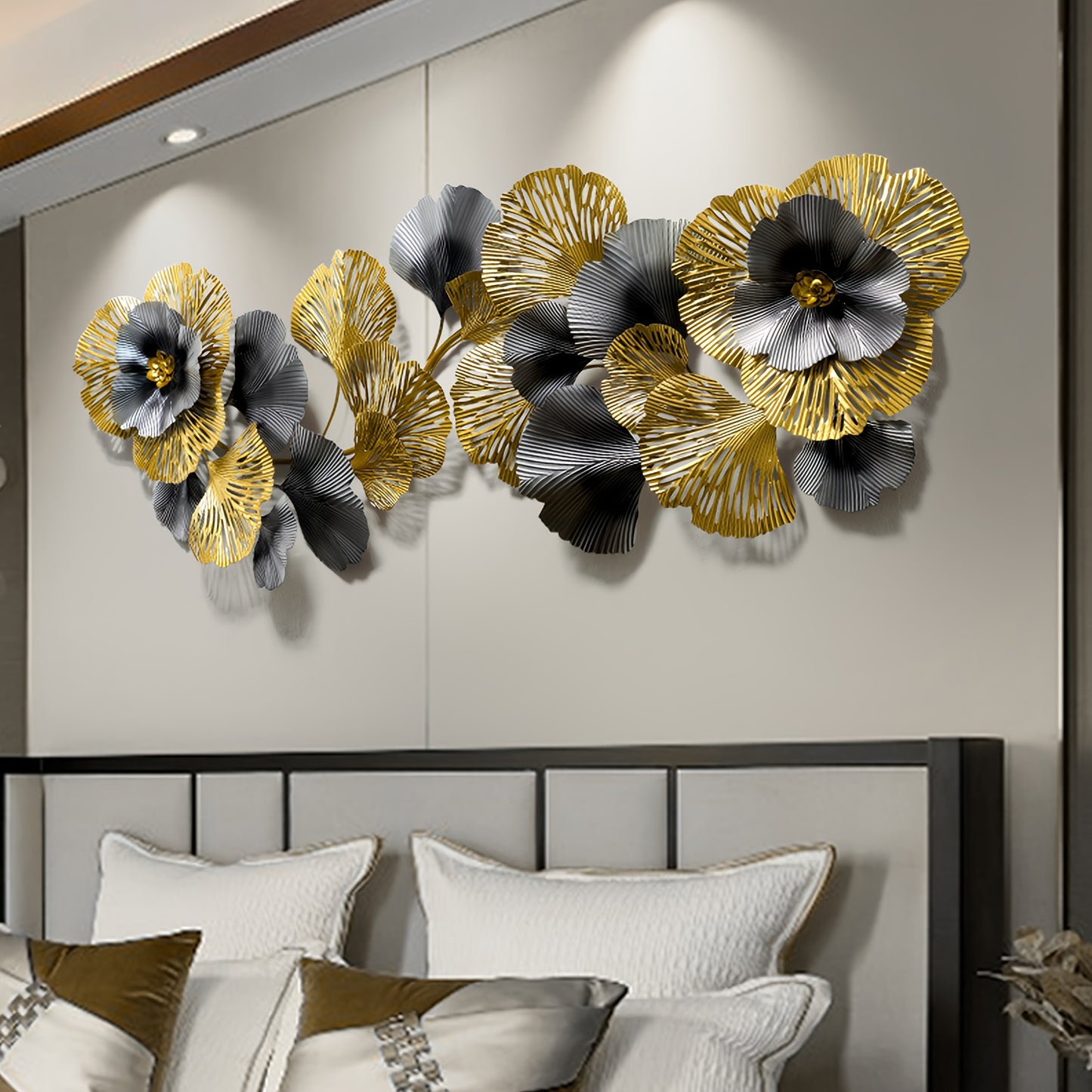 Nutshell 3D floral metal wall art featuring elegant gold and black flowers for stylish home decor