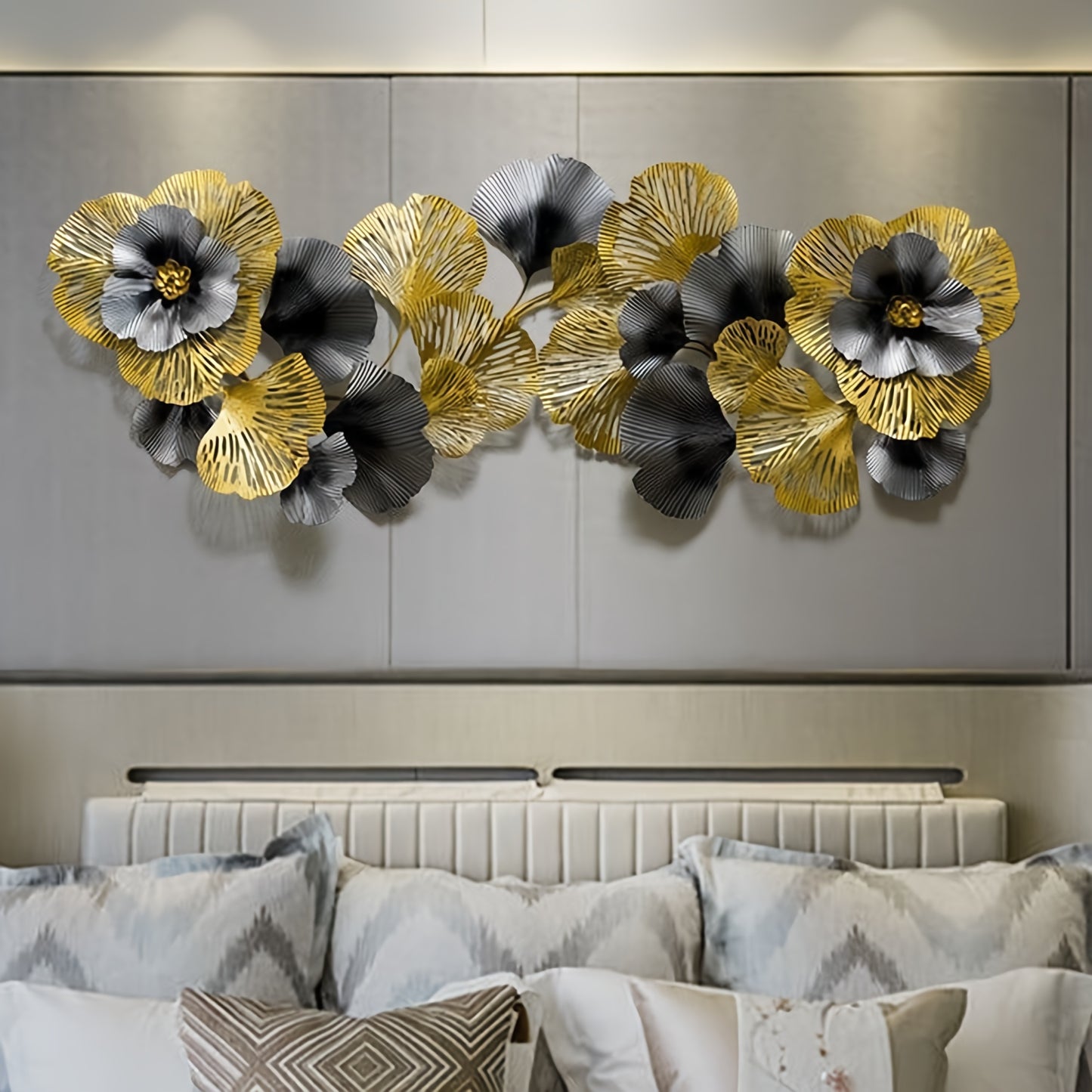 Elegant 3D floral metal wall art featuring gold and silver flowers for stylish home decor
